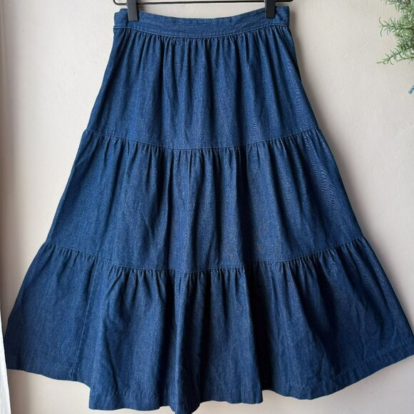 Vintage Collectibles Blue Denim Tiered Midi Circle Skirt - Picture 6 of 9